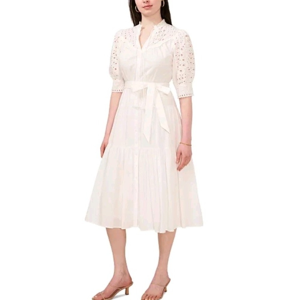 CeCe Cotton Eyelet Button Front‎ Short Puff Sleeve Midi Dress In New Ivory 10